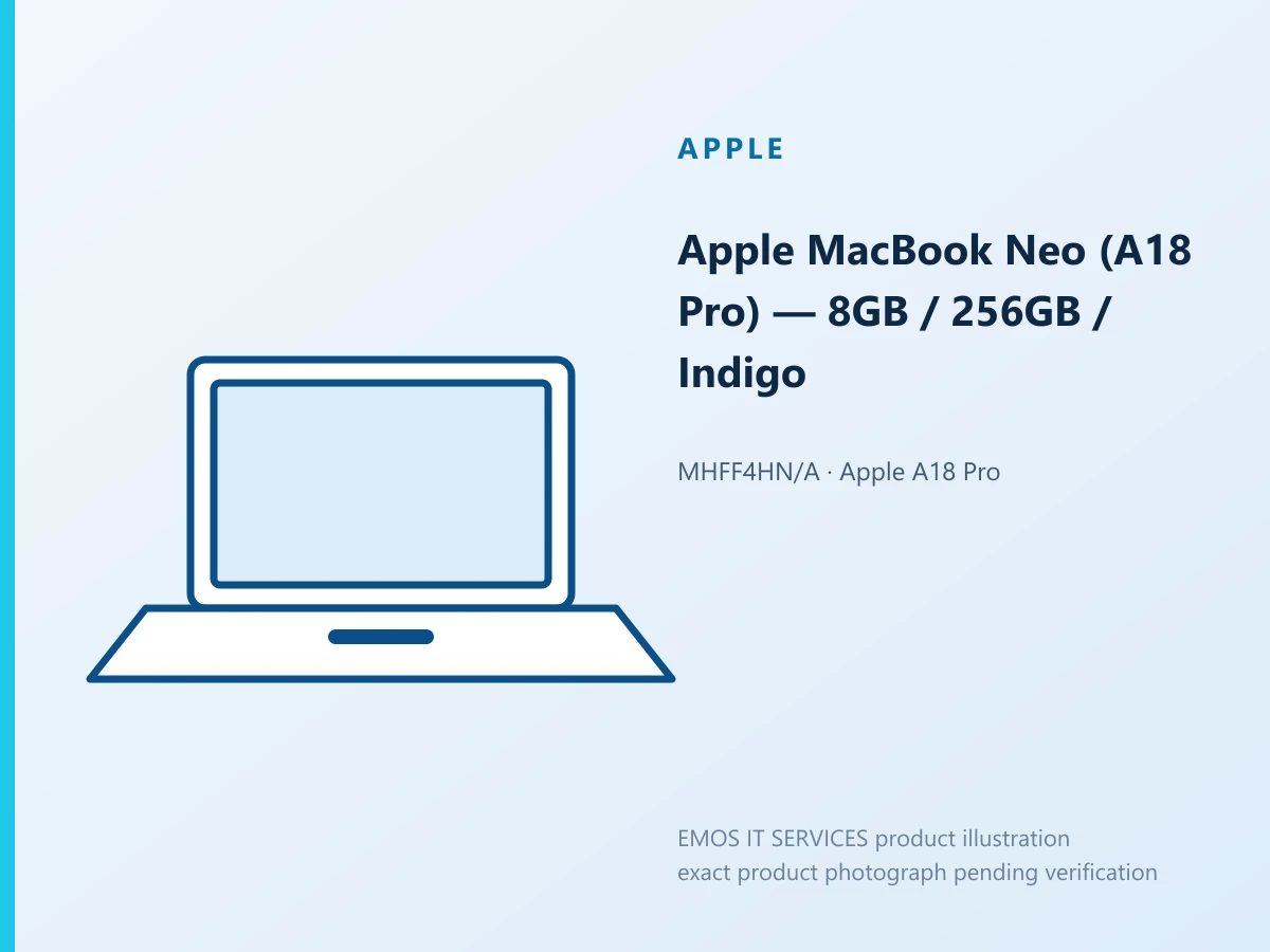 Apple MacBook Neo (A18 Pro) — 8GB / 256GB / Indigo — EMOS IT SERVICES product illustration; exact product photograph pending verification