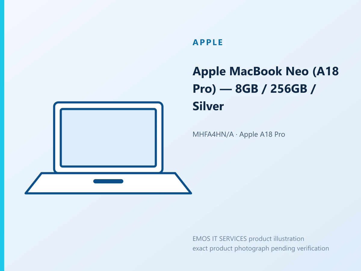 Apple MacBook Neo (A18 Pro) — 8GB / 256GB / Silver — EMOS IT SERVICES product illustration; exact product photograph pending verification