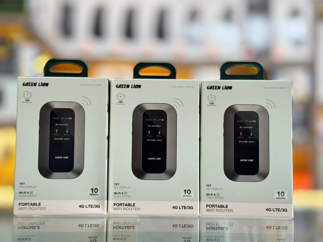 Sealed Green Lion Portable MiFi Router retail boxes in EMOS IT SERVICES stock