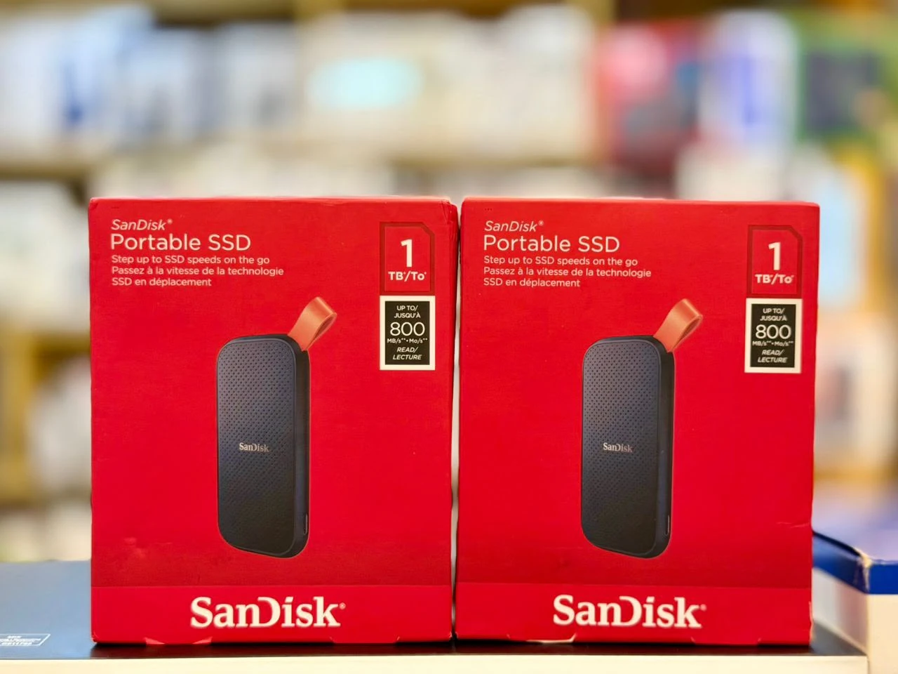 SanDisk Portable SSD 1TB retail packaging in EMOS IT SERVICES stock