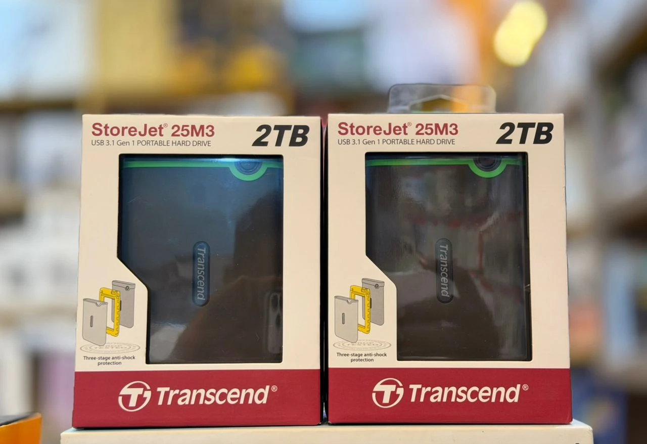 Transcend StoreJet 25M3 2TB portable external hard drive retail packaging in EMOS IT SERVICES stock