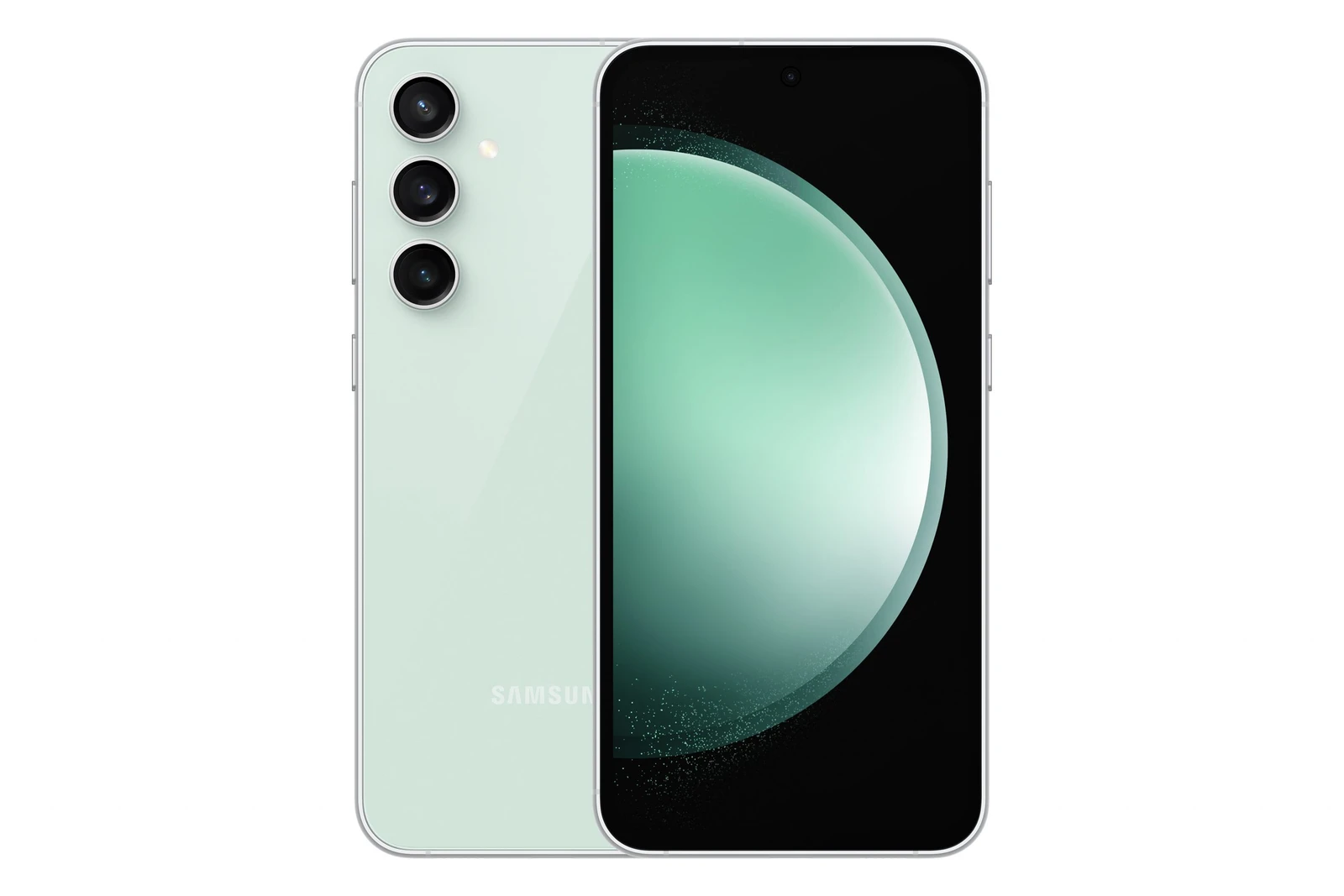 Samsung Galaxy S23 FE in Mint, front and rear view