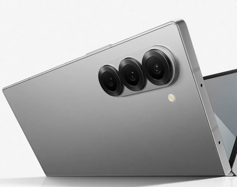 Samsung Galaxy Z Fold6 in Silver Shadow, partially folded rear view