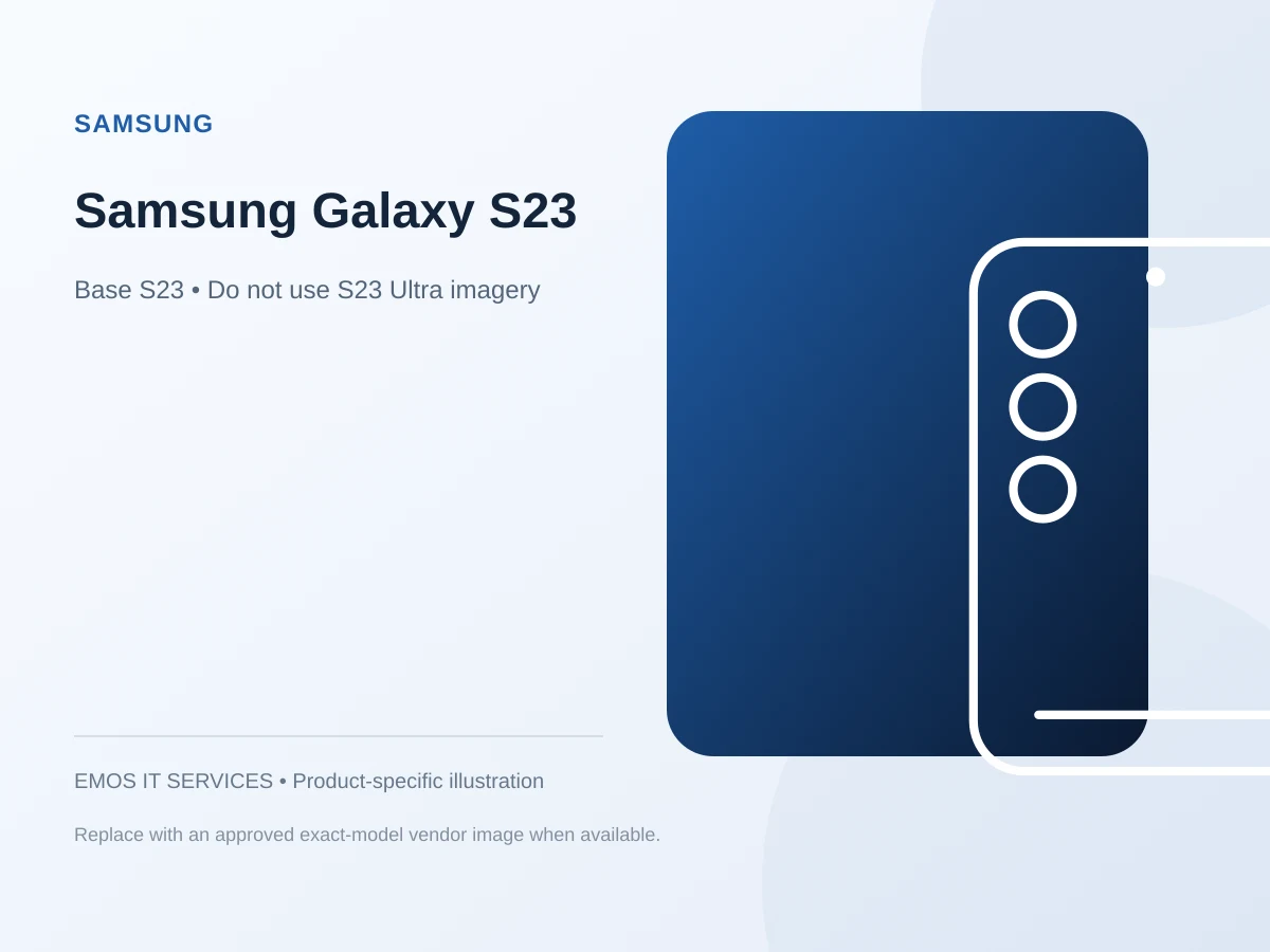 Samsung Galaxy S23 — EMOS IT SERVICES product illustration; exact product photograph pending verification
