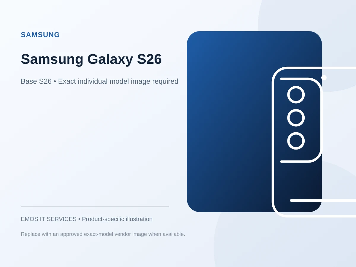 Samsung Galaxy S26 — EMOS IT SERVICES product illustration; exact product photograph pending verification