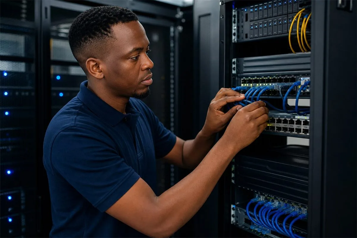 IT professional working on business network equipment