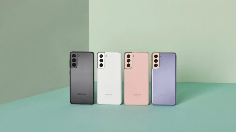 Samsung Galaxy S21 official product image showing the base-model colour lineup